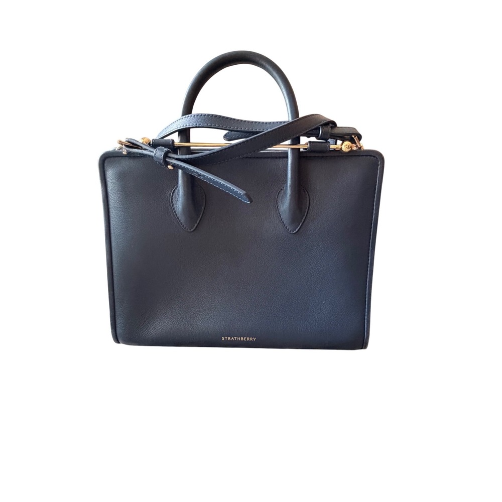 Strathberry Midi Tote Navy Blue Leather Gold Bar Handbag Made in Spain